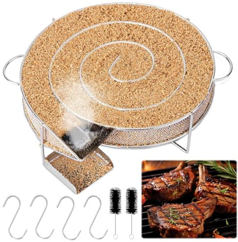 Kaltrauchgenerator aus Edelstahl, Rund Rauchgenerator mit 4 Fleischhaken + 2 Reinigungsbürste, Kaltrauchgenerator Räucherschnecke, Rund Edelstahl Kaltraucherzeuger für Smoker und Räucheröfen