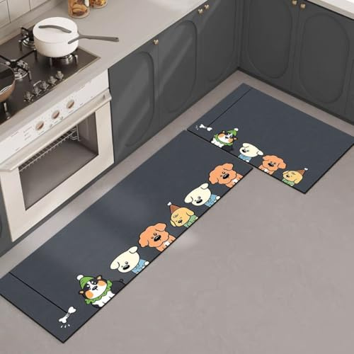 Hixingo Küche Teppich rutschfest Kieselgur Küchenläufer Schnelltrocknend Küchenteppich Karikatur Absorbierend Läufer Teppich Modern Küchenmatte Schmutzfangmatte (Anthrazit Hund,50x150cm)