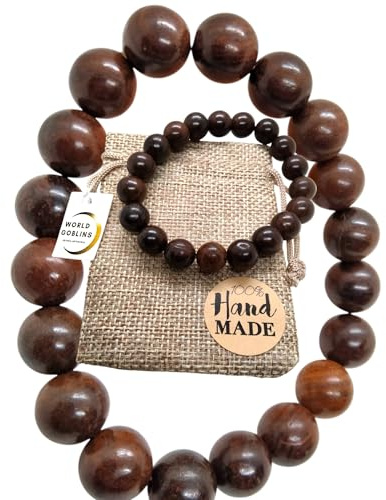 WORLD GOBLINS Pulsera Palo Santo 10mm Eláctica Rosario de Madera Natural Budista para Meditación y Yoga Hecha a Mano. Brazalete Adaptable, Joyería Espiritual Bodhi Natural