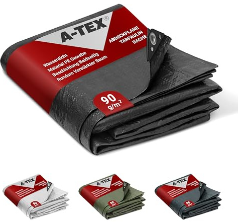 A-TEX® Abdeckplane 90g/m² (Schwarz, 8 x 10 m) Verschiedene Stärken, Größen und Farben wählbar | Plane mit Ösen | Gewebeplane Gartenplane Bauplane Schutzplane | wasserdicht | reißfest | UV-stabilisiert