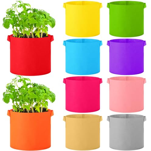 Ziliny Colored Fabric Grow Bags Bulk Colorful Plant Grow Bags Nonwoven Fabric Pots with Handles Seeds Vegetables Tomato Planter Grow Buckets for Outdoor Garden Fruits Flower, 10 Colors(10 Pack,3 Gal)