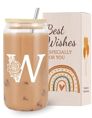VivaJoy A-Z Initial Personalised Birthday Gifts for Women - Monogrammed Gifts for Women,Initial Letter W,Glass Cups with Lids Straws, Christmas or Birthday Gifts for Her,Mum,Friend,Sister（Letter-W）