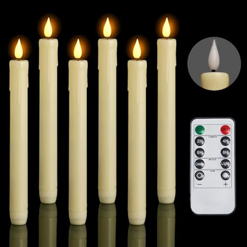 Homemory 6 Pack Plastic Taper Flameless Candles with Remote, Timer, Battery Operated CandleSticks with Flickering Bright Light, 9.6 Inches for Home Decoration