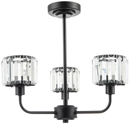 Happy Homewares Modern Black Ceiling Light Fitting with Clear Crystal Glass Rods on Three Shades | 42cm x 42cm | 3 x 7w E14 | for Bedroom Dining Room Lounge etc