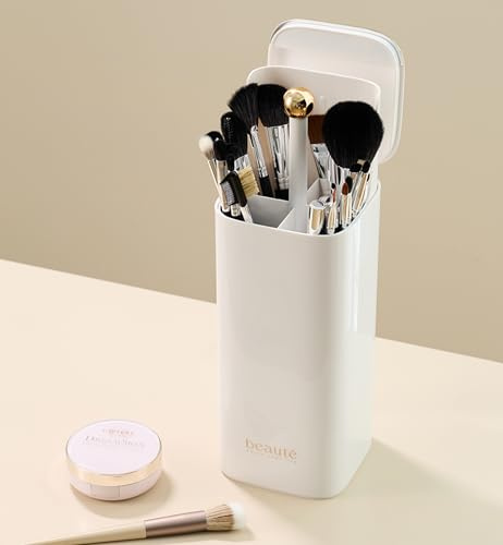 MEIJMJIA -MH - Scatola portaoggetti per pennelli cosmetici, design elegante con accenti dorati, senza polvere, bianco e beige