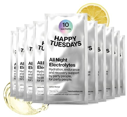 Happy Tuesdays Electrolytes | Rehydration & Recovery Electrolyte Powder | Hydration Sachets for Energy & Focus Support | Ideal for Late Nights, Busy Days & Festivals | Lemon Flavour | 10 Sachets