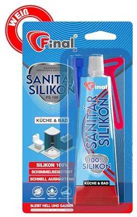 FINAL Silicone sanitaire 1 x 50 ml – Mastic étanche de qualité professionnelle, pour salle de bain, douche et cuisine, résistant à la moisissure, antibactérien et élastique, adhère au verre, métal