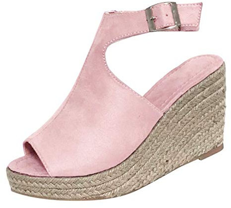 Espadrilles dam, sandaler kilklack damer sommar kilklack sandaler öppen tå sommarskor ankelremmar sandaler klack plattform utomhussandaler platåsandaler stor storlek damskor, ROSA, 43 EU