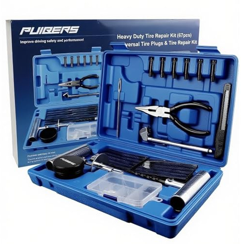 PUIBERS Heavy Duty Tire Plug Kit - 67 Pcs Professional Tire Repair Kit with Plugs for Car, Truck, SUV, Motorcycle, Semi Truck, Tractor, RV & ATV - Tire Repair Tools to Fix Punctures