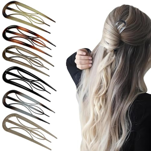 6 Stück Französische Haarnadeln für Frauen, Große U-förmige Haarnadel für Dünnes und Dickes Haar, Einzigartige 3-Intern-Zahnige French Hair Pin, Haarspangen Kopfschmuck für Frauen und Mädchen