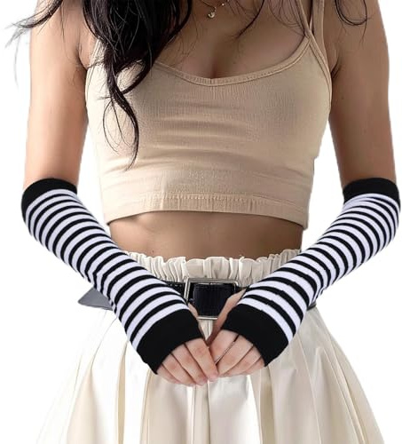 APLZGMG Y2K Gestreift Armstulpen Damen, Lange Fingerlose Handschuhe, Stricken Lange Armwärmer mit Daumenloch, Weiche Winter Thermo Strickhandschuhe für Damen und Mädchen
