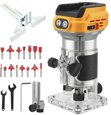 Cordless Power Router 1300W, 30000RPM Brushless Router Compatible with Dewalt DCB 18V-20V Battery, 6-Speed Wood Trimmer with Edge Guide & 1/4 Collet (Battery Not Included) (Yellow)