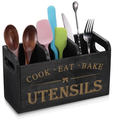 Zocipro Porte Ustensiles Cuisine en Bois, Organisateur d'ustensiles de Cuisine avec 3 Compartiments et Fond de Drainage, Organiseur de Couverts de Ferme, Noir