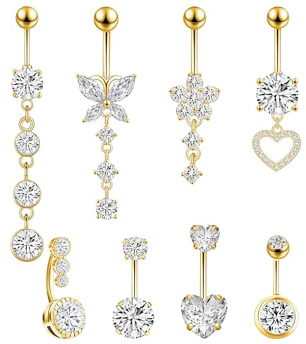 YAWYO, Navelpiercing Kit för Kvinnor/Tjejer, 8 Stänger med Hjärta & Slips i Rostfritt Stål (Guld)