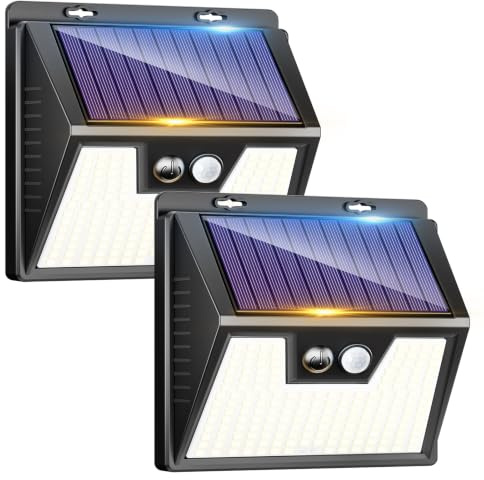 LOTMOS 2 Pezzi Luce Solare Led Esterno con Sensore di Movimento, 176 LED Faretto Led da Esterno IP65 Impermeabile, 3 Modalità Lampade Luci Solari da Giardino per Garage Parete, Bianco Freddo