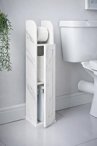Marble Effect Freestanding Toilet Roll Holder & Storage Cabinet | Slim Bathroom Organiser | Space Saving Tissue Storage Cupboard with Shelf | Floor Standing Unit (18 x 20 x 78cm)