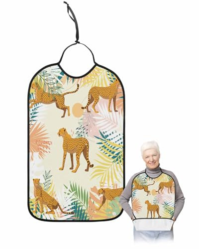 Kewadony Adult Bibs for Elderly Women, Summer Wildlife Waterproof Dining Clothing Protectors with Crumb Catcher for Eating/Feeding, Coconut Trees Leaves Animal Abstract Cloth Bib Machine Washable