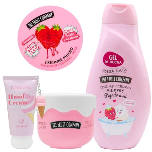 The Fruit Company Pack Cuidado Corporal Fresa Nata + Crema Manos Ice Cream – Gel Ducha 600 ml, Crema Corporal, Exfoliante 2 en 1 y Crema Manos 50 ml – Hidratación y Suavidad