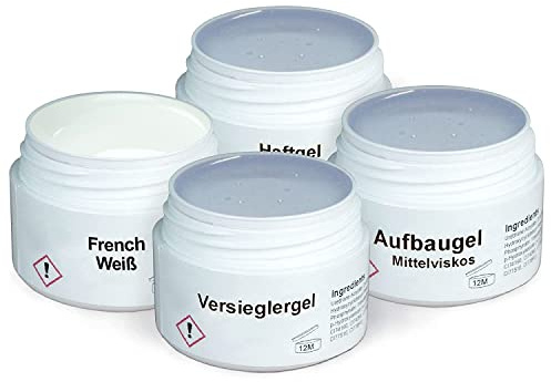 GS-Nails UV gel-Set - 4x 15ml Nagel-Gel für Nail-Art & Nagel-Design - Haft- und Aufbau-, Versiegelungs-, French Weiß - 60ml