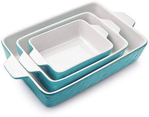 Krokori Casserole Dishes for Oven, Ceramic Baking Dishes, Lasagna Pan with Handles, Porcelain Baking Pan Deep, Bakeware for Baking, Cooking, Wedding Gift, Set of 3 (11.6 x 7.8, Aquamarine)
