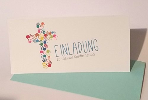 Hochwertige Einladungskarten zur Konfirmation aus Naturpapier 5 Stück Kreuz aus Kinderhänden „Einladung zur Konfirmation“ mit Innentext DIN lang C6