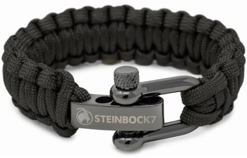 Steinbock7 Paracord Armband Herren Survival – Geflochtenes Outdoor Armband mit Edelstahlverschluss, Verstellbar für Camping Bushcraft Abenteuer, schwarz