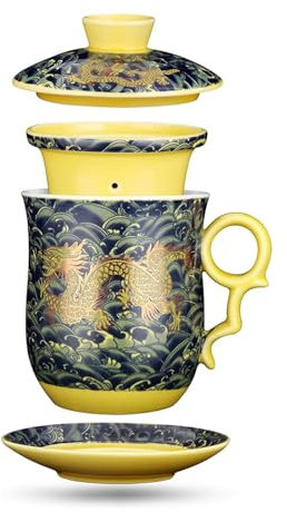 YURROAD Taza de té chino de 400 ml con infusor, tapa y colador, cerámica patrón de dragón, regalo del día del padre, verde oscuro TC400