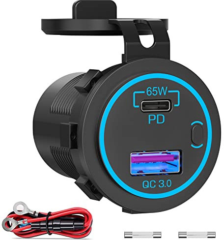 PD 65W USB C Presa 12 Volt: Qidoe Tipo C e QC3.0 Caricabatterie Prese USB per Auto con Interruttore Caricatore Veloce per iPhone iPad Telefoni Android, Adatto per 12V 24V Auto Barca Camion Camper
