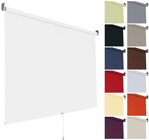 Springrollo Fenster Sonnenschutz Innen, 92 x 180 cm Weiß verdunkelnd | Stoff lichtundurchlässig aus Polyester / Metallträger für Wand- & Deckenmontage / mit Schnappfunktion, Rollofeder & Mittelzug