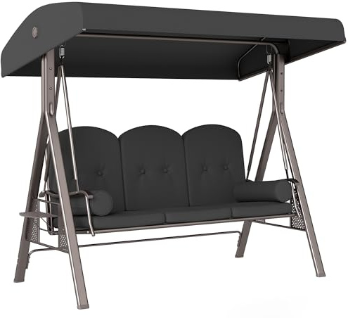 Outsunny 3 Seater Garden Swing Chair Outdoor Hammock Bench w/Adjustable Canopy, Cushions and Cup Trays, Brown Steel Frame, Dark Grey Fabric
