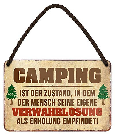 Lustiger Camping Spruch - witziges Metallschild mit Kordel und Saugnapf - Deko Schild Geschenk Campingwagen Wohnanhänger Wohnmobil Caravan - Wohnwagen Zubehör innen Wohnmobilausstattung - 18x12cm