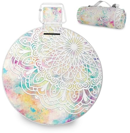 ALAZA Runde wasserdichte Picknickdecke, Regenbogen-Mandala, böhmische Blume, tragbar, faltbar, für den Innenbereich, für Reisen, Wandern, Camping, Park, 148 cm