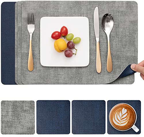 Myir JUN Tischsets abwaschbar Leder und Untersetzer doppelseitige Platzsets | Platzdeckchen abwaschbar 4er Set rutschfest Tischsets Platzsets abwaschbar Kunstleder (Grau Blau, 4er Set)