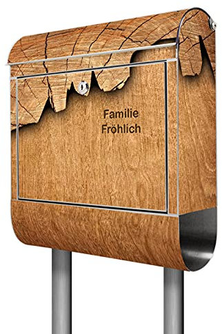 banjado® Briefkasten mit Standfuß personalisiert Motiv Holz - Stand Briefkasten Edelstahl mit Zeitungsfach - Postbox/Postkasten A4 Einwurf inkl. Montagematerial & 2 Schlüssel
