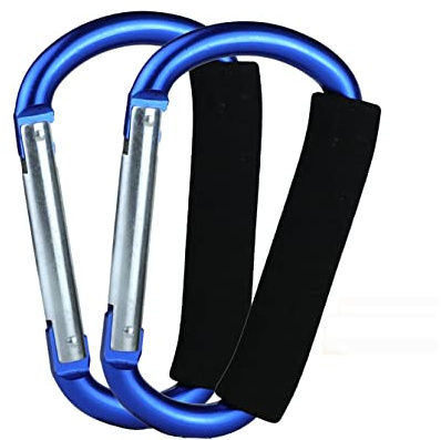 Ganchos para cochecito de bebé, 2 mosquetones para colgar bolsos, bolsas de pañales, bolsas de la compra. Clip para sistemas de viaje individual/doble, asientos de coche y pantalones deportivos (azul)