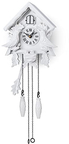 TIMEGEAR Cuckoo Clock with Night Mode, Singing Bird, Wooden Decorations and Swinging Pendulum (White)