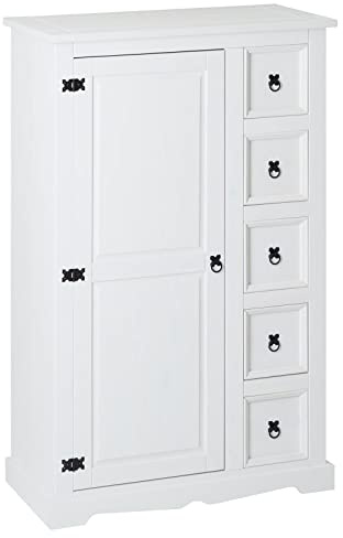 IDIMEX Kommode Tequila 5 Schubladen weiß Highboard Kiefernholz massiv 2 verstellbare Einlegeböden Esszimmermöbel Zierbeschläge schwarz. Schubladenschrank Wohnzimmer Küche Holzaufbewahrung.