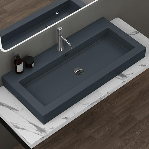 doporro Lavabo Suspendu Vasque à Poser Lave Mains Rectangulaire 100x48x10cm | Gris Noir Mat pour Salle de Bain, Colossum18