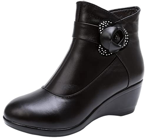 rismart Mujer Cuero Tobillo Botas Negro Corto Cuña Fur Forradas Calentitas Botín Negro 37