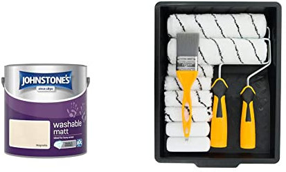 Johnstone's - Washable Paint - Magnolia - Matt Finish - Emulsion Paint - 12m2 Coverage per Litre - 2.5L & Coral 10501 Paint Kit with Headlock and Mini Roller Frame and Hybrid Brush, Set of 12 Pieces