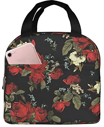 XVBCDFG Bolsa de almuerzo Rosa negra Hermosa aislada con compartimentos Reutilizable Impresiones lindas Asa de asa Caja de almuerzo portátil para mujeres Hom