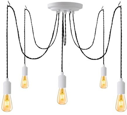 SHINY STAR 5 Lichter Weiße Industrie Pendelleuchte, Mehrere Spinnen Decken Pendellampen Kronleuchter mit Verstellbarem 3m Gedrehtem, Geflochtenem Kabel, E27 Lampenfassung 82302WH5
