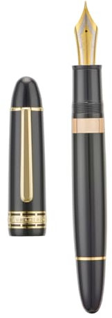 Wikult Yongsheng 630 Acrylic Fountain Pen, Size 8 Medium Nib with Piston Filling System, Piano Black Transparent Ink Tank with Torpedo Shape Design Smooth Writing Pen (Gold Trim)