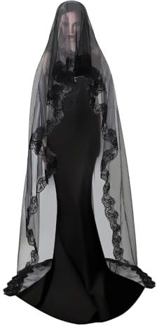 NICEYEA Velo Negro de Halloween, Viuda y Novia, Accesorio para el Pelo, Tul Largo, Tocado de Bruja Gótica, Disfraz para Boda y Despedida de Soltera