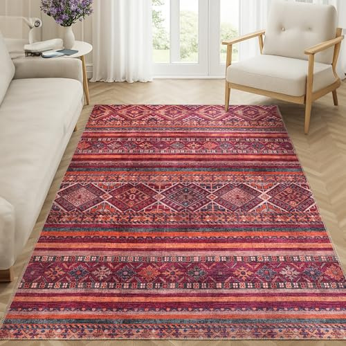 NETLINE HOME Waschbarer Teppich für Wohnzimmer & Küche, traditioneller Flachgewebeteppich, rutschfest, kurzflorig, Boho Vintage Stil, dekorative Fußmatte, faltbar für Flur & Schlafzimmer – Rot