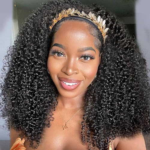 XSY Headband Wig Human Hair Kinky Curly 20 Inch 150% Density Natural Color