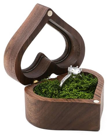 Asudaro Ring Box Herzform, Hochzeitsring-Box aus Holz Schmuck Präsentationsbox Ringschatulle Personalisierte Ringhalter Verlobungsring Box Ringkästchen für Vorschlag Verlobung Hochzeit grünes Moos