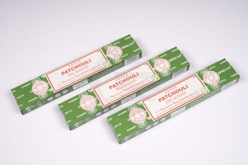 Original Satya Patchouli Incense Sticks Gift Pack of 3X 15G for Aromatherapy, Spa, Yoga, Weddings, Meditation, Healing, Positivity and Relaxation by Greensense
