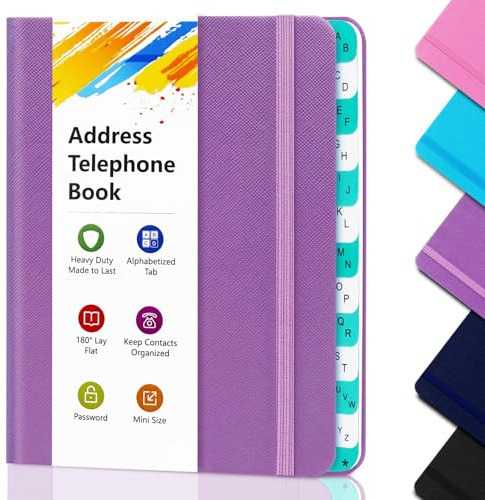 BLESWIN Address Book with Alphabetical Tabs, Hardcover Address Book for Record Contacts, Small Address Book to Store All Your Important Informations in One Place, 6.1x4.7 – Purple