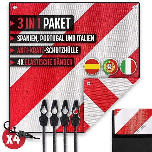 MAGMA | Warntafel Italien Fahrradträger | 3-Pack Warntafel Italien Spanien + 4 Spanngurte + Tasche Anti Kratzer | Warntafel Fahrradträger | Wohnmobil | Warnschild 50x50 cm | Schild Fahrrad Rot